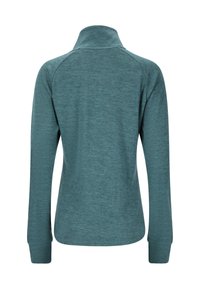 Teal pitkähihaine paita, jossa on korkea kaulus, sileä pinta ja raglan-hihat. Takana on tasasaumat ja pyöristetty helma.