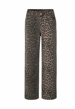 High-waisted straight-leg pants with black and tan leopard print, front button closure, and side pockets.