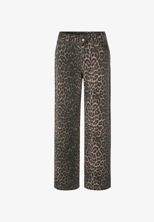 Høj talje lige ben bukser med sort og tan leopardprint, frontåbning med knap og sidelommer.