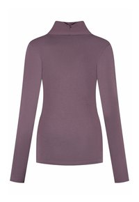 Langärmliges, tailliertes Oberteil aus einem gedeckten lila Stoff mit hohem Kragen und glatter Textur. Rückansicht, die ein einfaches Design und keine Verzierungen zeigt.