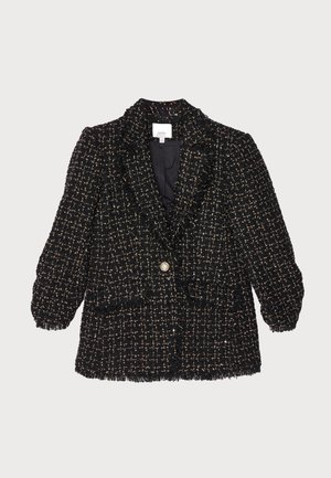 Blazer de tweed negro con un patrón texturizado, mangas abullonadas, cierre de un solo botón dorado y dos bolsillos frontales. Con detalles de bordes deshilachados.