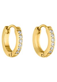 Goldene Creolenohrringe mit einer glatten, polierten Oberfläche und einer Reihe von funkelnden klaren Edelsteinen, die entlang einer Kante eingelassen sind.