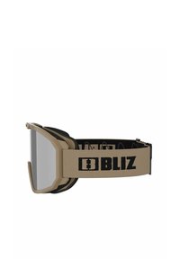 Occhiali protettivi con montatura in plastica beige, lente riflettente grigia e una cinghia nera regolabile con il logo "BLIZ" in caratteri in grassetto.