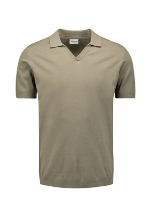 Korte mouwen, v-hals polo shirt in licht olijfgroen. Gemaakt van gladde stof met een fitted pasvorm en ribgebreide kraagranden.