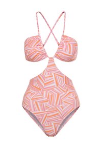 Enotek bikini v pastelnih odtenkih z geometrijskim črtastim vzorcem. Ima naguban vrh in križno vezane naramnice na hrbtu.