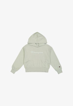 Sudadera verde claro hecha de una tela suave, con un bolsillo delantero, capucha con cordones y el logotipo bordado de "Champion" en blanco.