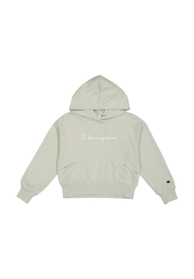 Sudadera verde claro hecha de una tela suave, con un bolsillo delantero, capucha con cordones y el logotipo bordado de "Champion" en blanco.