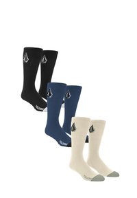 Trois paires de chaussettes de marin : noires, bleu marine et crème. Chacune a une texture côtelée et présente un logo. La paire crème a des accents gris.