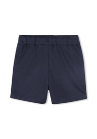 Shorts di cotone blu navy con cintura elastica, caratterizzati da una texture liscia e un design semplice senza decorazioni aggiuntive.