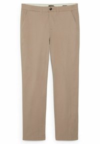 Pantalon beige à jambes droites avec poches avant, passants pour ceinture et fermeture par bouton à la taille, présenté à plat sur fond blanc.