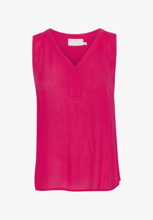 Haut sans manches en rose vif, fabriqué en tissu léger. Présente un décolleté en V et des plis subtils, avec un ourlet droit.