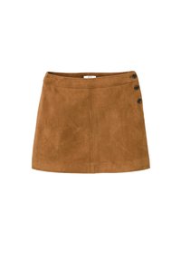 Jupe en daim marron à coupe ajustée, avec une fermeture latérale à boutons, une texture lisse et un ourlet droit.