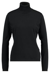 Schwarzer Rollkragenpullover aus weichem, leichtem Stoff. Mit langen Ärmeln und geripptem Textur am Hals und Saum. Schlichtes Design.