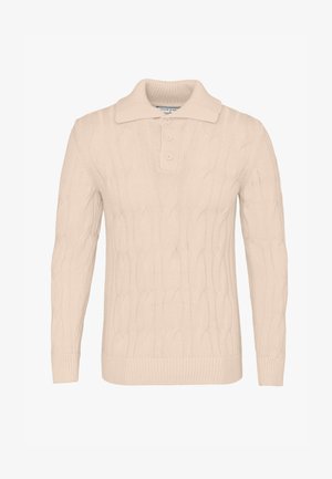 Pull-over beige en tricot torsadé avec patte de boutonnage à trois boutons et col, poignets et ourlet côtelés.
