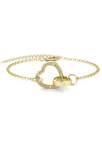 Bracciale in tono oro con un ciondolo a forma di cuore, decorato con cristalli trasparenti, dotato di una chiusura a catena e catena regolabile per la misura.