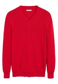 Roter Strickpullover mit tiefem V-Ausschnitt, langen Ärmeln sowie gerippten Bündchen und Saum; glatte Textur ohne sichtbare Muster oder Beschläge.