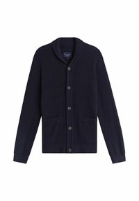 Marinblå kardiagan med sjalkrage, ribbad textur, sex knappar och två framfickor. Tillverkad av mjukt tyg, lämplig för lager-på-lager.