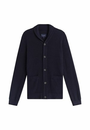 Laivastonsininen neuletakki, jossa on huivikaulus, ribbitekstuuri, kuusi nappia ja kaksi etutaskua. Valmistettu pehmeästä kankaasta, sopii kerrospukeutumiseen.