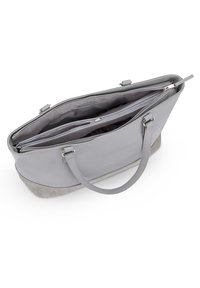 Gray leather tote bag with a smooth texture, zippered closure, and dual handles. Features a suede bottom and multiple interior compartments.