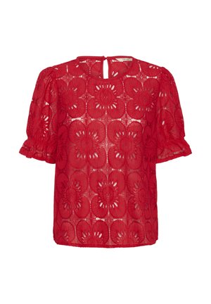 Blusa rossa in pizzo con motivi floreali ricamati, maniche corte a palloncino e dettaglio della schiena a chiave. Tessuto leggero e texturizzato.
