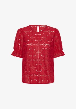 Bluză roșie din dantelă cu motive florale brodate, mâneci scurte în bucle și detaliu cu o fereastră în spate. Material ușor, texturat.