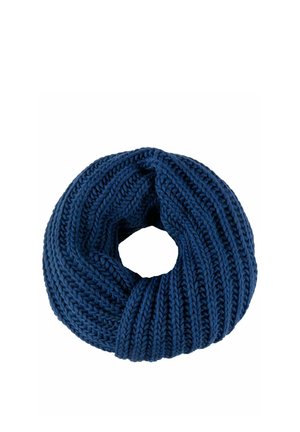 Thick navy blue knitted infinity scarf with ribbed pattern, arranged in a circular shape on a white background.