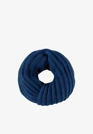 Thick navy blue knitted infinity scarf with ribbed pattern, arranged in a circular shape on a white background.