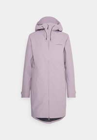 Light purple waterproof coat with a zip front, hood, side pockets, and adjustable cuffs. Smooth, sleek fabric with a modern design.