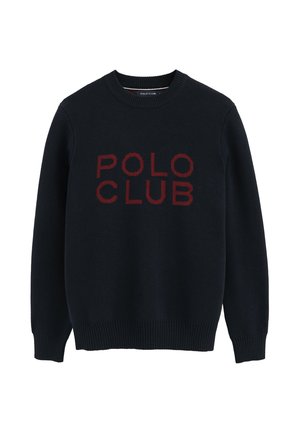 Marineblauwe gebreide trui met geribbelde manchetten en zoom, met rode "POLO CLUB" tekst op de voorkant.