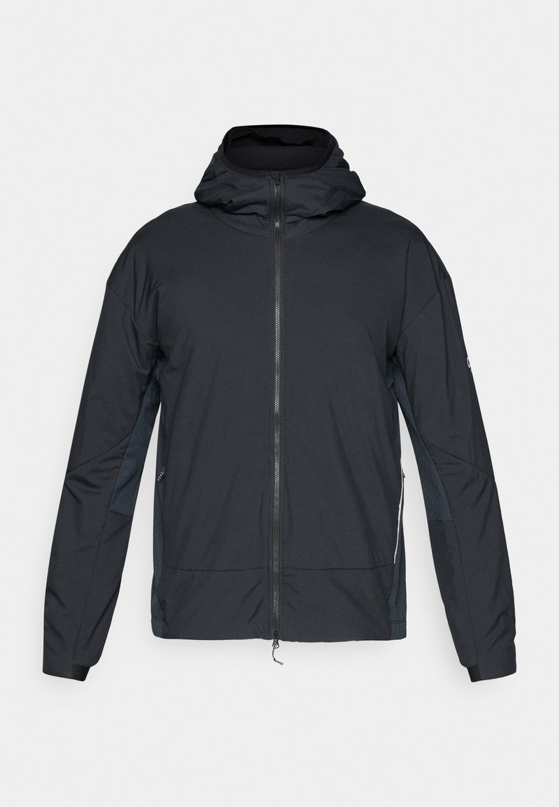 Μαύρο φλιτζάνι τζάκετ με κουκούλα, με λεία υφή, ελαστικούς καρπούς και αντίθετες πλευρικές πάνελ σε σκουρότερο τόνο.