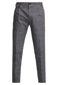 Grå rutiga byxor med rak passform, med platt front, sidofickor och knapprapport. Mjukt tyg med en subtil textur.