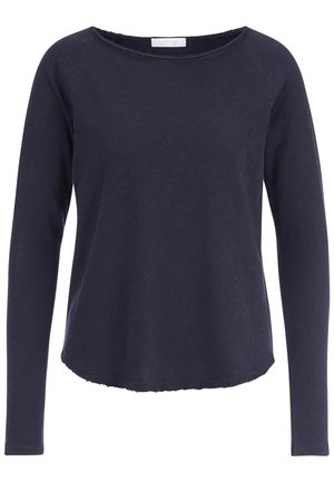 Langärmliges navyblaues T-Shirt mit rundem Halsausschnitt und rohem Saum. Aus weichem Stoff mit lockerer Passform. Einfaches, minimalistisches Design.