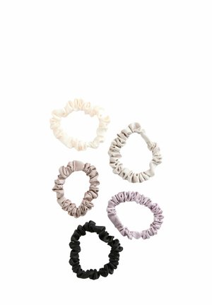 Set of five hair scrunchies in varying colors: cream, light gray, taupe, lavender, and black. Made of soft fabric with a gathered texture.