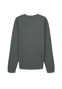 Zielony, teksturowany sweter z długimi rękawami, okrągłym dekoltem i ściągaczami przy rękawach. Brak widocznych logo lub wzorów na tylnej stronie.