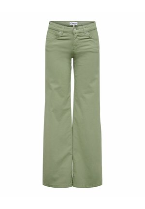 Pantalon ample taille haute couleur vert olive avec bouton avant, fermeture éclair, et deux poches avant, étiquette "ONLY" sur la ceinture.