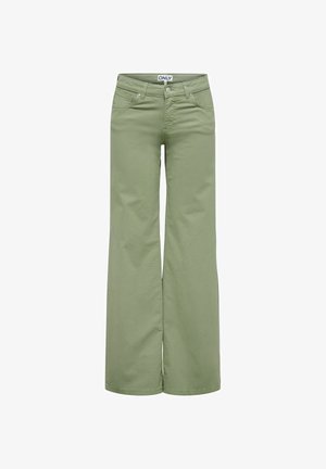 Pantalones de pierna ancha de talle alto en verde oliva con botones delanteros, cremallera y dos bolsillos delanteros, con la etiqueta "ONLY" en la cintura.
