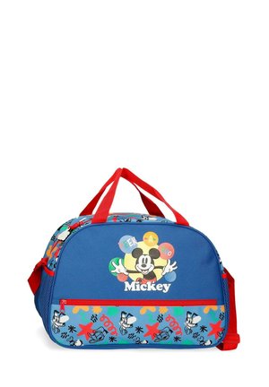 Borsa sportiva Mickey Mouse blu con manici rossi, motivi colorati da cartone animato e tasca frontale con cerniera.