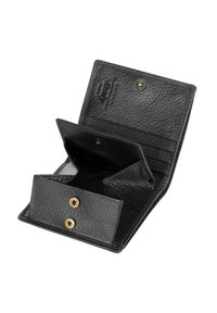 Portafoglio in pelle nera con texture, dotato di chiusura a scatto, molteplici slot per carte e un compartimento con due bottoni a pressione per una sicurezza maggiore nello stoccaggio.