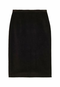Jupe crayon en velours côtelé noir avec des côtes verticales, une silhouette ajustée et une taille lisse, sans embellissements ni poches supplémentaires.