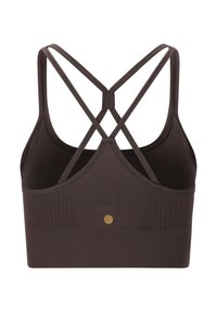 Braun Sport-BH mit gerippter Textur, ausgestattet mit einem überkreuzten Trägerdesign auf der Rückseite und einem kleinen goldenen Logo in der Mitte.