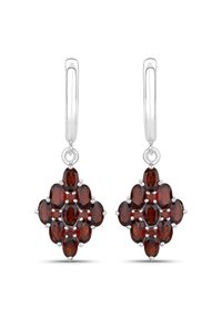 Silberne Tropfenohrringe mit mehreren ovalen roten Edelsteinen, die in einem floralen Muster angeordnet sind, mit polierten Silberbeschlägen und Krappenfassungen.