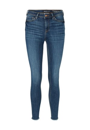 Jeans skinny de denim azul oscuro con cintura alta, cinco bolsillos y un dobladillo sin acabar en los tobillos. Desgaste sutil y detalle de costura.