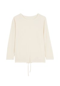 Top léger en ivoire à manches longues avec un col rond et un cordon de serrage à l'ourlet. Le tissu présente une texture côtelée.