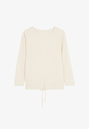 Top léger en ivoire à manches longues avec un col rond et un cordon de serrage à l'ourlet. Le tissu présente une texture côtelée.