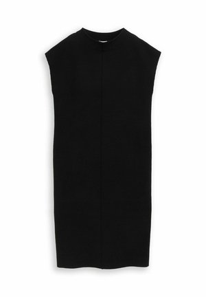 Schwarz ärmelloses Kleid mit hohem Ausschnitt, gerader Form und Mittelnahtdetails; gefertigt aus einem glatten, leichten Stoff.