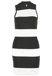 Vestido ajustado sin mangas con rayas horizontales en blanco y negro, cuello alto y un pequeño acento triangular plateado en el escote.
