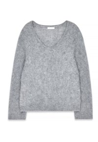 Gray, soft, fluffy sweater with a deep V-neck and long sleeves. Features a relaxed fit and minimal seams. Suitable for layering.