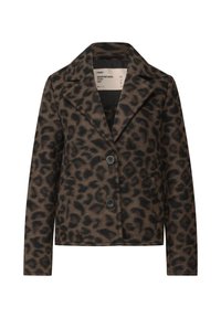 Leopardenmuster-Jacke aus weicher Stoff, mit Klappkragen, drei Knöpfen und zwei Seitentaschen. Farbton: braun und schwarz.