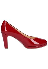 Escarpin à talon haut en cuir verni rouge, avec un bout arrondi et une finition lisse et brillante. Doté d'un talon épais et d'un design minimaliste.