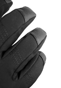 Black gloves made of textured fabric with rubberized fingertips; features stitching detail along the edges and a fitted design.